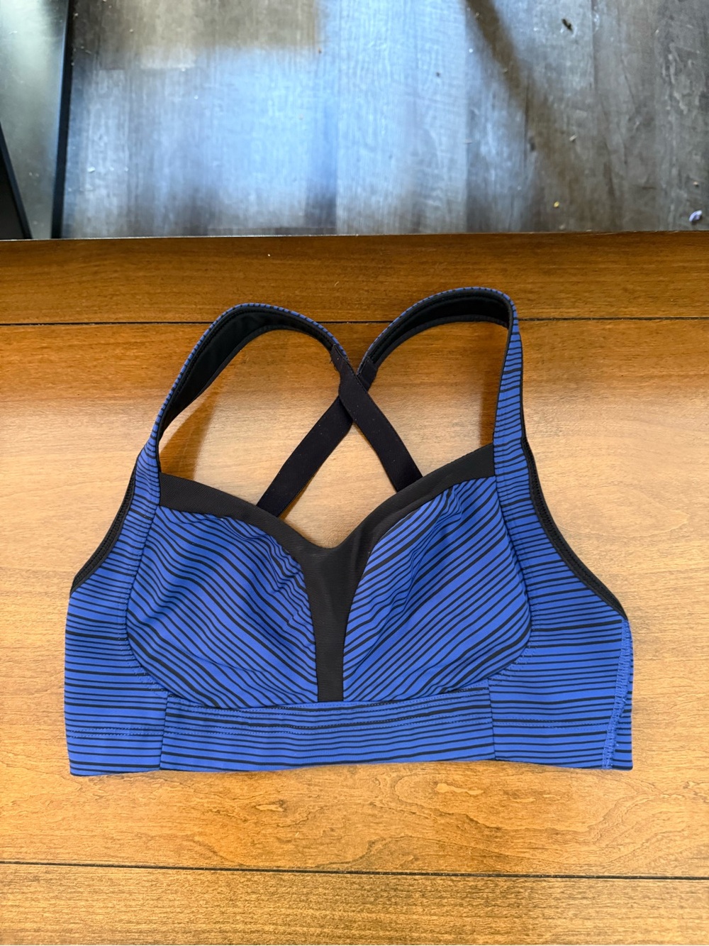 lululemon athletica Blue and Black Striped Cross-Back Sports Bra